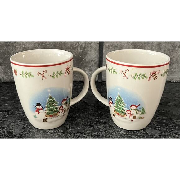 2 Christmas Tree Snowman Hot Chocolate Coffee Mugs China Red Band Holly Border - Picture 2 of 5